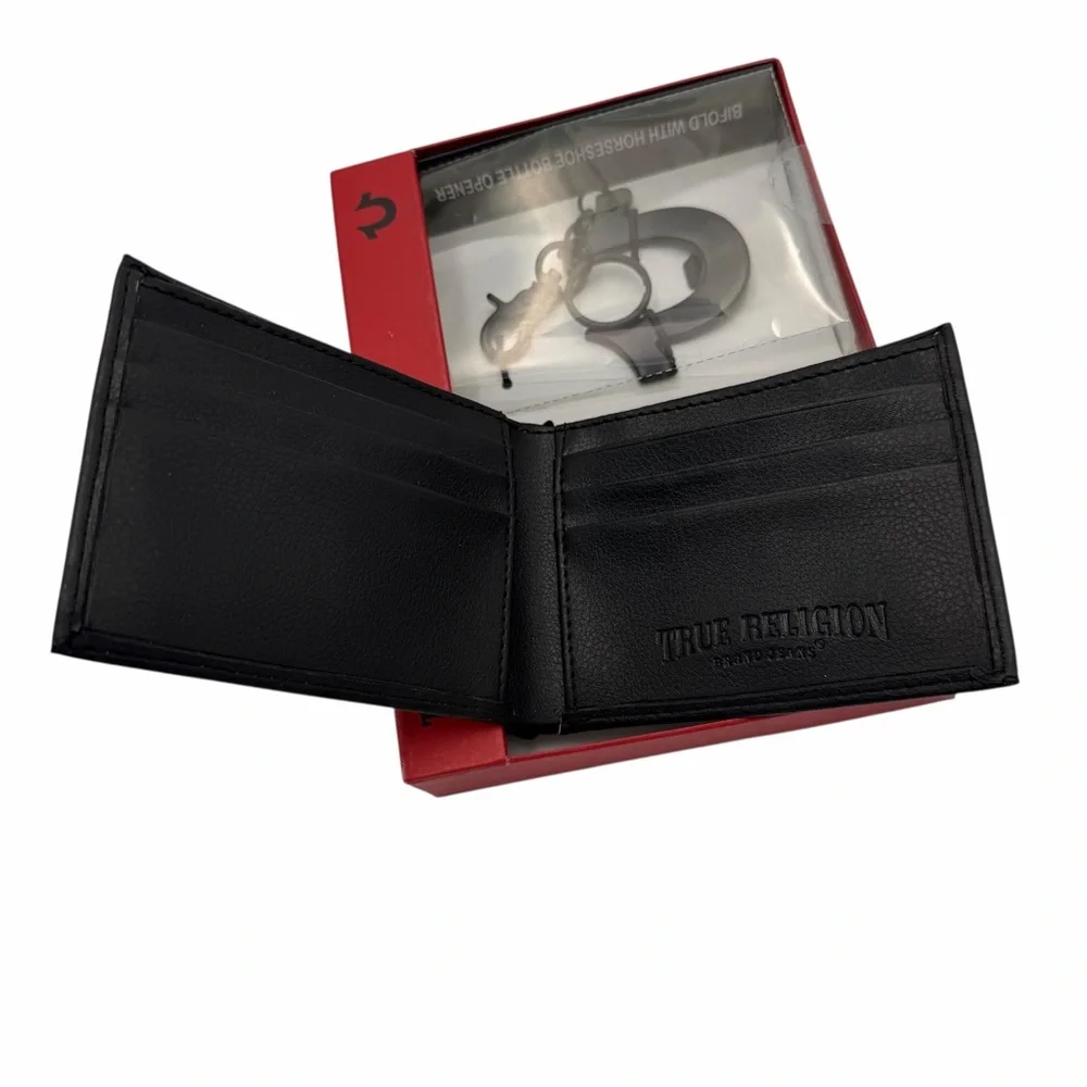 Brand New True Religion Black Leather Billfold Wallet w/ Bottle Opener Keychain
